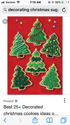 cookies decorated like christmas trees on a red background