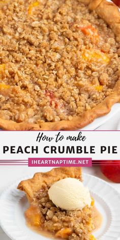 this peach crumble pie is made with fresh peaches and topped with vanilla ice cream