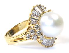 Vintage Handmade South Sea Pearl & Diamond Ring in 18k Yellow Gold (3 ct TDW, VV Pearl Diamond Ring, Ring Pearl, Retail Jewelry, Pearl Rings, Pearl And Diamond Ring, Diamond Cross Pendants, Sea Pearl, Wedding Rings Vintage, White Gold Earrings