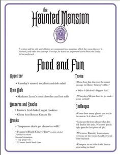 a menu for the haunted mansion food and fun