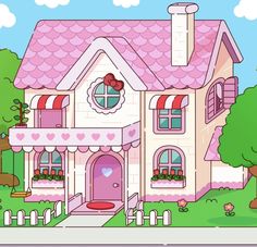 a cartoon house with pink roof and windows