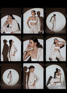 a collage of photos of models in white outfits