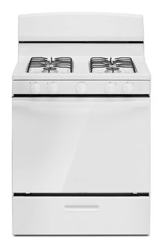 a white stove with two burners on the top and one oven door open, in front of a white background