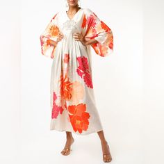 Archana Shah Collection Kimono Style Maxi Dress Kimono Sleeves Floral Print Design Peony Embroidered Detail On Chest Vneck 100% Dupion Raw Silk Size Small Across Chest 18.25” Sleeve Inseam 14.5” Length 51.5” Color: Ivory, Orange, Pink Excellent New Condition. Beautiful Dress. Expert Craftsmanship And Hand Sewn Details Throughout. These Are Custom Made Dresses. Note: The Fabric Content Label Was Not Attached. Brand Tag Resembles Sales Sample Tag. Made In India Stunning!!! New To Poshmark? Use My Orange Spring Kaftan With Kimono Sleeves, Orange Kaftan With Kimono Sleeves For Spring, Spring Dresses With Kimono Sleeves, Orange Maxi Length Kaftan For Spring, Spring Dresses With Flowy Kimono Sleeves, Spring Flowy Dresses With Kimono Sleeves, Spring Dresses With Flowy Fit And Kimono Sleeves, Flowy Spring Dresses With Kimono Sleeves, Orange Printed Maxi Dress For Spring