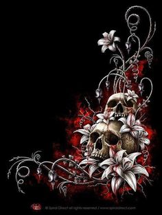 a skull surrounded by flowers and vines on a black background