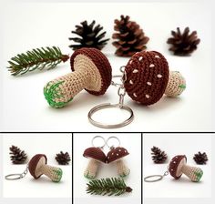 crocheted acorns and pine cones are being used as keychains