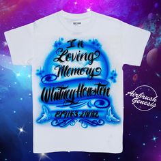 a t - shirt with the words i'm loving memory written in blue ink