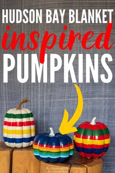 colorful striped pumpkins sitting on top of wooden blocks with text overlay that reads hudson bay blanket inspired pumpkins