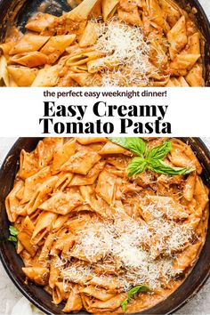 an easy creamy tomato pasta recipe in a skillet with parmesan cheese on top