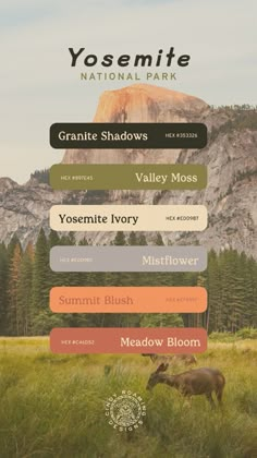 the yosemite national park is shown with mountains in the background and text that reads yosemite