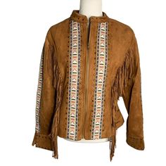 Delila Faux Suede Fringed Cowgirl Jacket M Brown Zip Lined Studded Southwestern New With Tags Chest: 19" Laying Flat Sleeves: 23" Laying Flat Length: 21" Shoulder To Hem 92% Polyester, 8% Spandex Made In China Fitted Brown Western Outerwear, Brown Western Long Sleeve Outerwear, Brown Fringe Jacket, Western Leather Outerwear With Fringe, Mongolian Lamb Fur Coat, Hot Pink Blazers, Black White Blazer, Faux Fur Vest Black, Overcoat Jacket