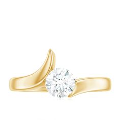 a yellow gold engagement ring with a diamond in the center and a curved band around it