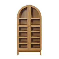 a wooden bookcase with two doors on the front and one door open to reveal an arched