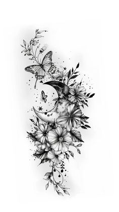 a black and white tattoo design with flowers, butterflies and a half moon on it