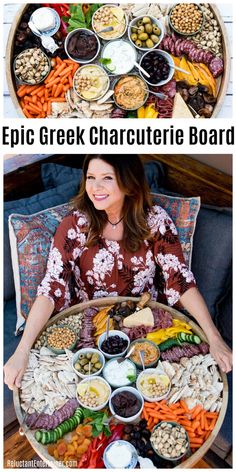 a woman sitting in front of a large platter filled with different types of food