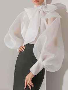 Chiffon Transparent Long Sleeve Bow Blouse Bow Dress Pattern, Modest Blouse, Lantern Sleeve Shirt, Scarf Blouse, Lantern Sleeved Blouses, Fall Blouse, Model Pose, Shirt Blouses Women's, Bow Shirts