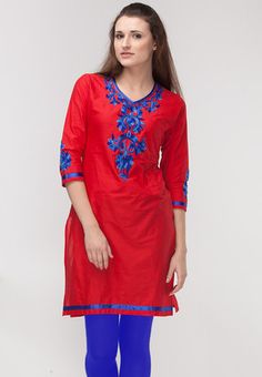 Embroidered V Neck 3/4th Sleeve Cotton Red Kurta #MyYDHDLook Printed Kurtas, Kurtas For Men, Silk Kurtas, Short Kurtas, Red Kurta, Sangria, Full Sleeve, Sleeve Cotton, Casual Dress