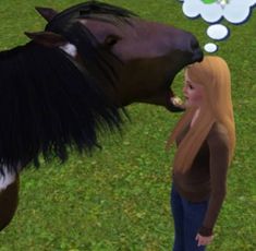 a woman standing next to a horse with its mouth open