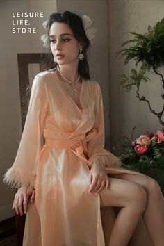 Apricot Silky Satin Bridal Nightgown Satin Feather Trim Robe Bridesmaids Feather Trim Robe Wedding Feather Trim Nightgown Honeymoon Night Wear, Robe Bridesmaids, Beautiful Nightgown, Bridal Nightgown, Robe Wedding, Feather Wedding, Feather Trim, Bridal Party Gifts, Day And Night