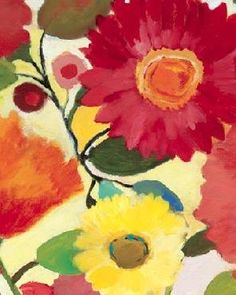 a painting of red, yellow and green flowers