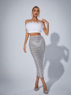 Ansley Strapless Feather Mesh Skirt Set In White – Mew Mews Fashion Classy Edgy, Ghost Mannequin, Feather Tops, Skirt And Top Set, Picture Style, Stretch Skirt, Jumpsuits And Romper, Mesh Skirt, Feather Dress