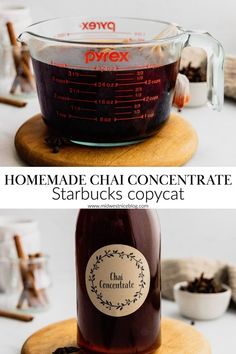 homemade chai concentrate in a glass container and on a wooden board with cinnamons