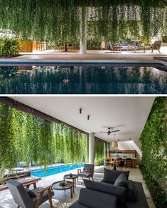 the inside and outside of a house with plants growing on the walls, swimming pool in the background