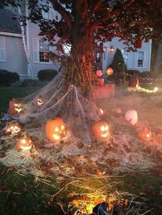 pumpkins are lit up on the ground in front of a house at halloween time