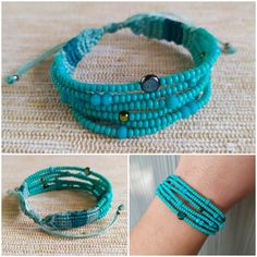 three pictures showing different bracelets made with turquoise beads and glass beads, including one bead