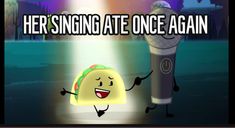 a cartoon character holding a microphone with the caption her singing ate once again