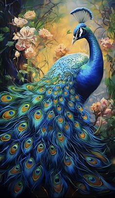 a painting of a peacock with flowers in the background