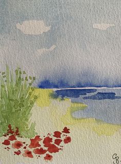 watercolor painting of an ocean scene with grass and flowers