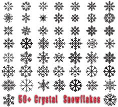 snowflakes are shown in black and white with the words 50 crystal snowflakes