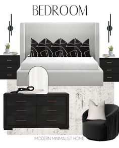 a bedroom with black and white furniture and accessories on the floor, including a bed, dresser