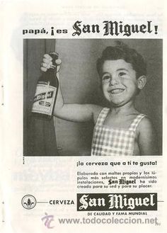 an advertisement for san miguel tequila featuring a child holding a bottle