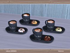 four coffee cups with different types of pastries in them