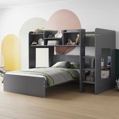 a child's bedroom with bunk bed and bookcases