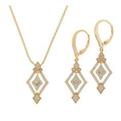 Doris Panos Ti Amo Simulated Diamond Necklace & Earrings Set  A delightful, diamond-shaped drop design lined with your choice of sparkling CZs, make this goldtone necklace and earring set the perfect pair for creating the kind of luxe looks you love.  What You Get       Necklace     Earrings   Design Information       Necklace approx. 18"L x 1/16"W; drop 1"L x 1/2"W     Earrings approx. 1-5/8"L x 1/2"W     Stamped .925; goldtone plating     Oval-link chain necklace has diamond-shaped drop design Elegant Diamond-shaped Jewelry With Matching Earrings, Wedding Jewelry With Diamond-shaped Matching Earrings, Elegant Diamond White Jewelry With Diamond Markers, Starry Nights, Earrings Design, Drop Design, Cz Necklace, Necklace And Earring Set, Diamond Shaped