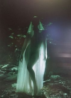 a woman is standing in the dark with a veil on her head and dress flowing over her body