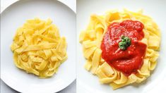 two plates with different types of pasta and sauces on them, one is red