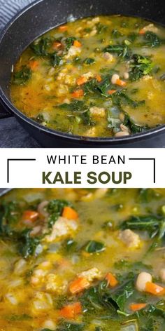 two pictures showing the same soup in different pans, one is white bean and the other is kale soup