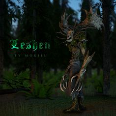 an animated image of a creature in the woods with horns and claws on his head