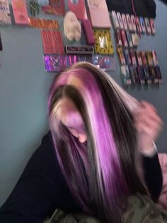 flexing my hair once again lol #purplehair #mcbling #chunkyhighlights #2000s #hair #hairspo #playgbunny69 #highlights #chunks #chunkyhair #trashyy2k #trashy #y2k #trashymcbking trashy 2000s mcbking chunky highlights hair purple Dyed Hair Purple Highlights, Chunky Highlights With Color, Brown Hair With Pastel Highlights, Highlights Hair Purple, Pink Purple Black Hair, Highlights Different Colors, Trashy Y2k Hair, 2000s Hair Color, Purple Skunk Hair