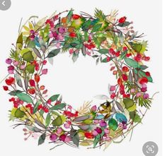 a watercolor painting of a wreath with red berries and green leaves on white background