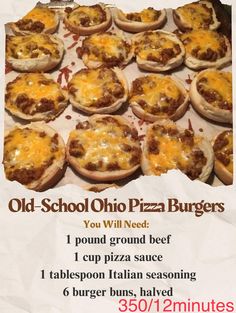 an advertisement for old school ohio pizza burgers on a piece of white paper with red writing