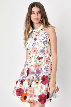 Blooming Bliss Ivory 3D Floral Embroidered Halter Mini Dress Taylor Swift Outfit Ideas, Navy Sequin Dress, Sparkly Bodysuit, Sunny Dress, Concert Attire, Floral Applique Dress, Tulle Mini Dress, Gathered Bodice, Lulu Fashion