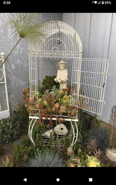 a white birdcage filled with plants next to a wall and a small statue