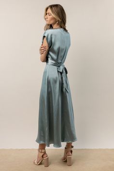 Full Skirt Formal Dress, Womens Midi Dress, Muted Blue Dress, Conservative Wedding Guest Dress, Coastal Cocktail Attire, Blue Midi Dress With Sleeves, Mid Length Dresses Classy, Wedding Guest Looks Women, Fall Rehearsal Dinner Outfit