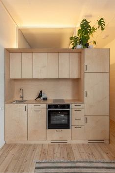 a kitchen with wooden cabinets and an oven