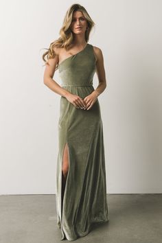 Tatiana Velvet One Shoulder Maxi Dress | Sage - Baltic Born One Shoulder Tank, Holiday Party Dress, One Shoulder Maxi Dress, Dress Sage, Velvet Bridesmaid Dresses, Sage Green Wedding, Green Bridesmaid